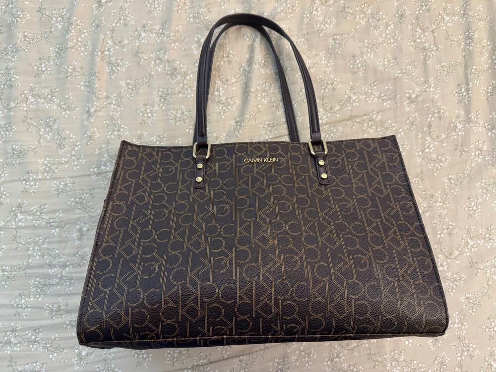 Calvin Klein Brown Monogram Logo Shopper Tote Bag Triple Compartment